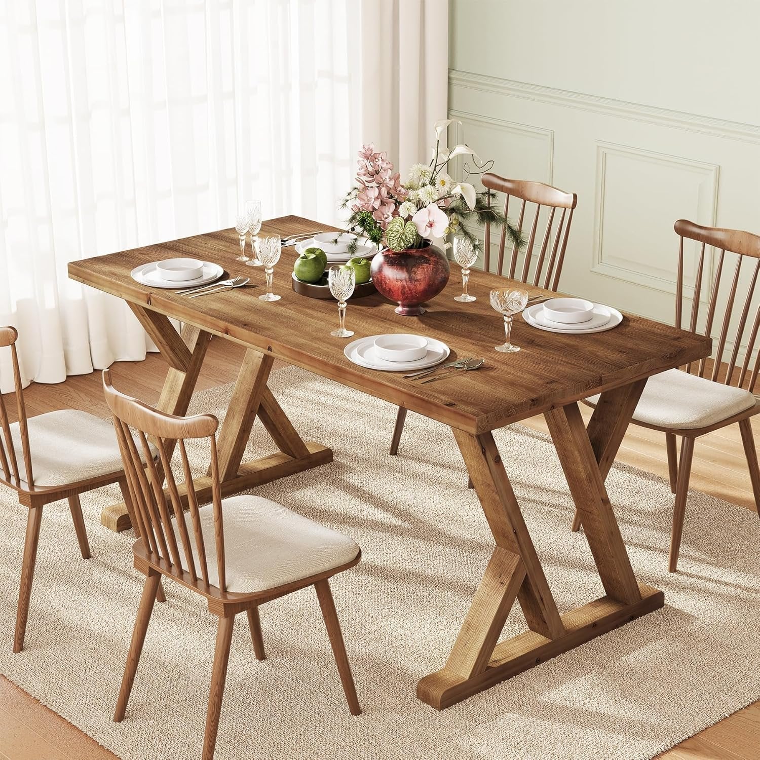 63" Wood Dining Table, Farmhouse Kitchen Dinner Table for 4-6 People