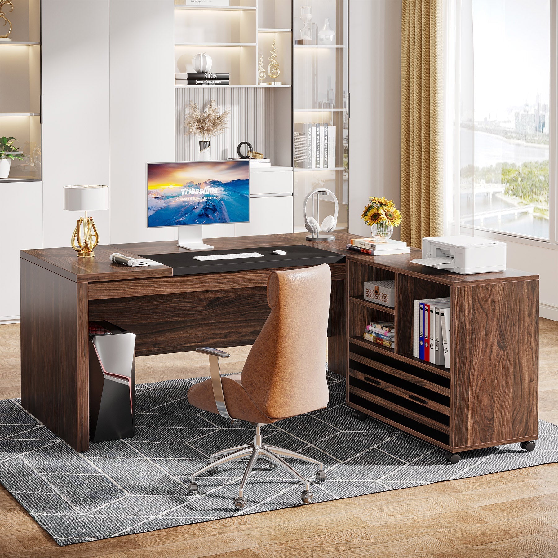 66.2" L - Shaped Executive Desk, Computer Desk with Mobile File Cabinet Tribesigns