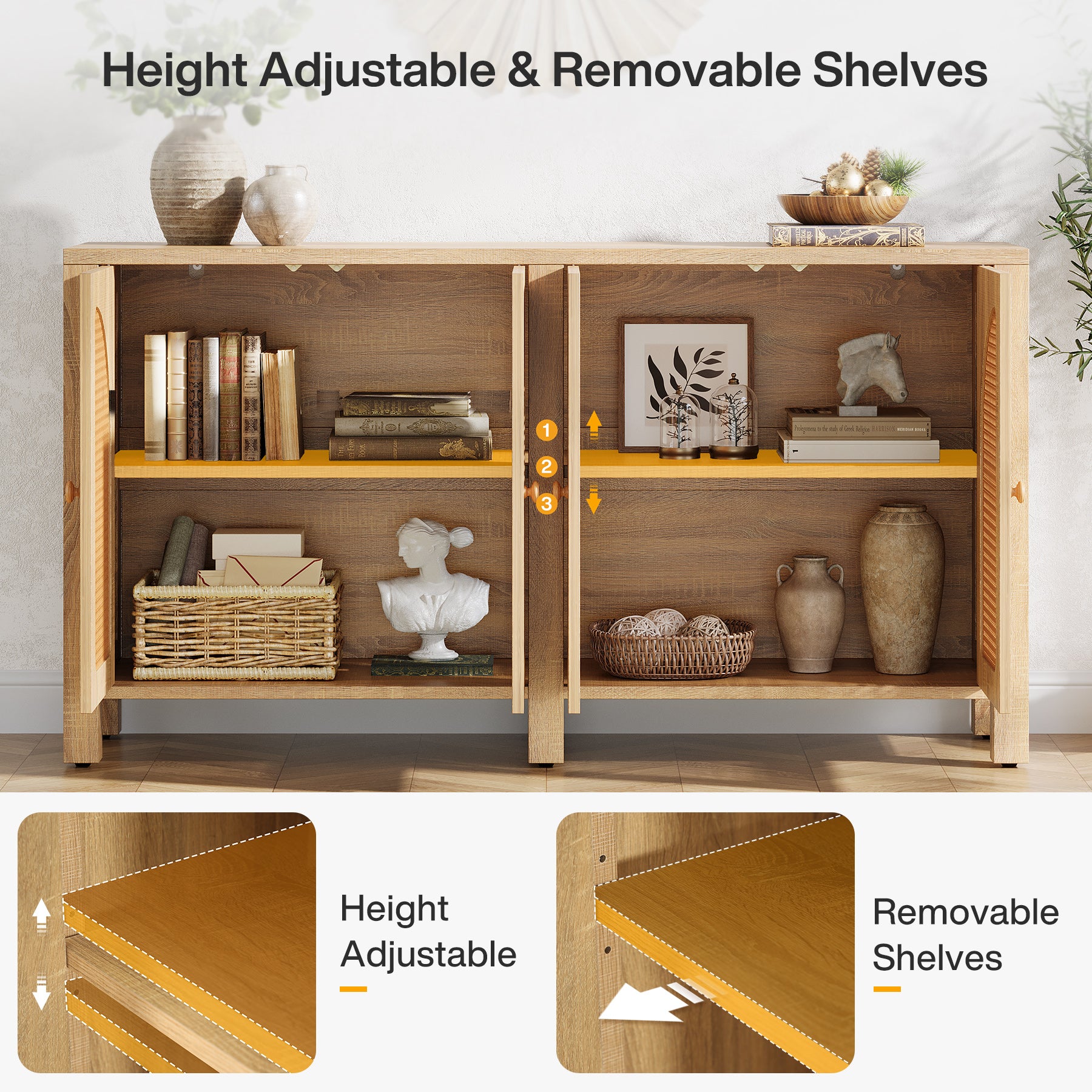 59" Sideboard Buffet, Rattan Credenza Storage Cabinet with 4 Doors