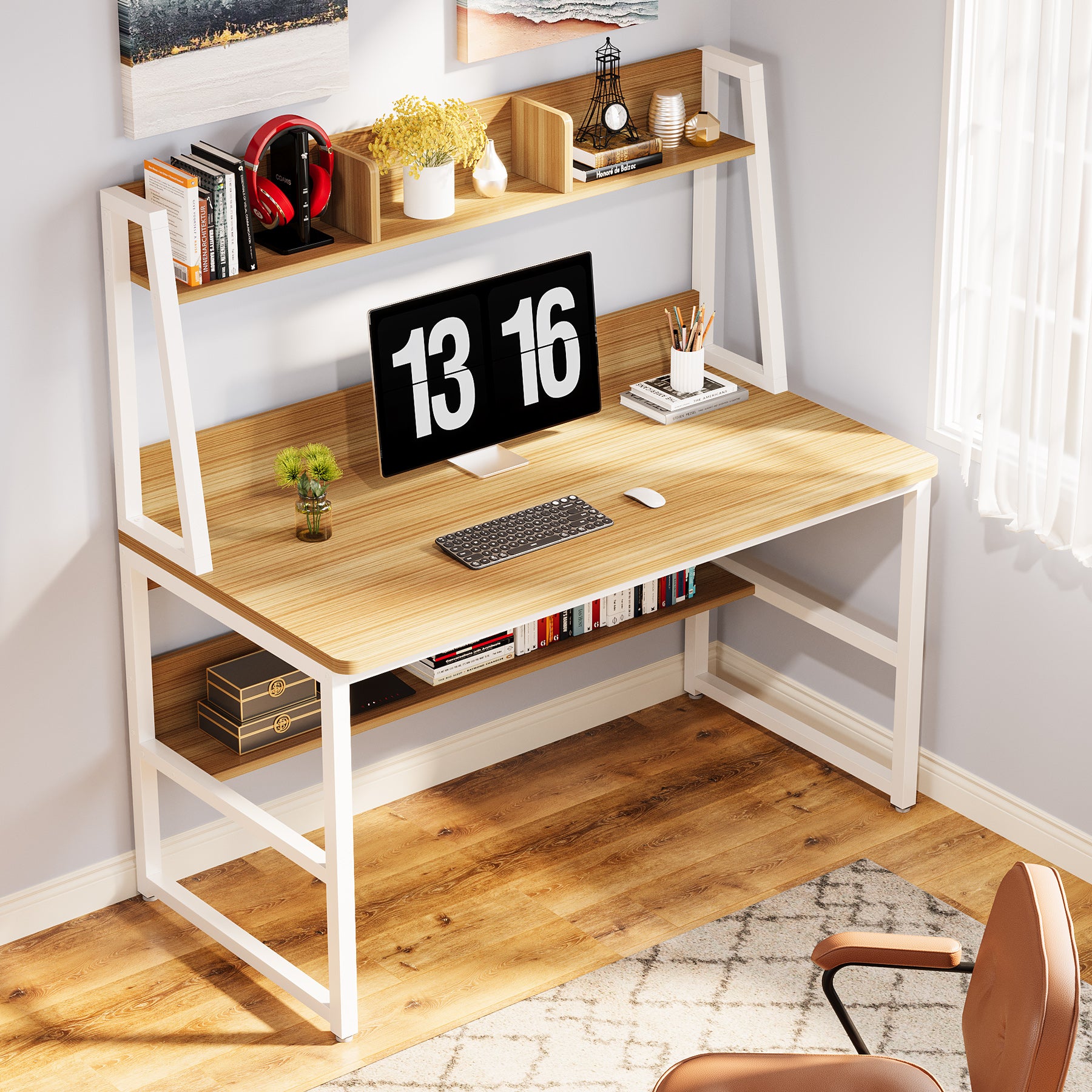 47" Computer Desk, Heavy Duty Writing Desk with Hutch & Bookshelf