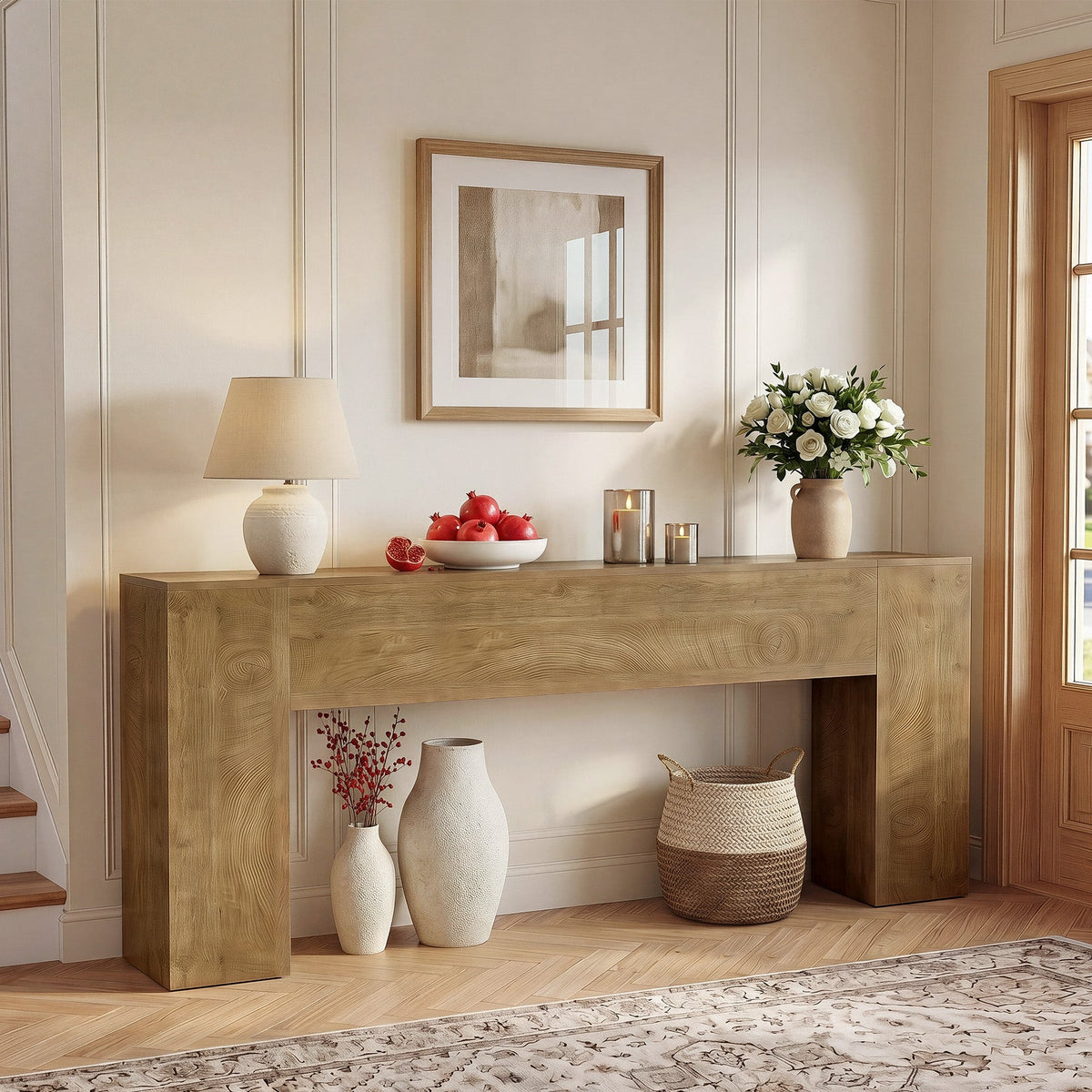 79" Console Table, Farmhouse Sofa Table with Double Pedestal Base for Entryway