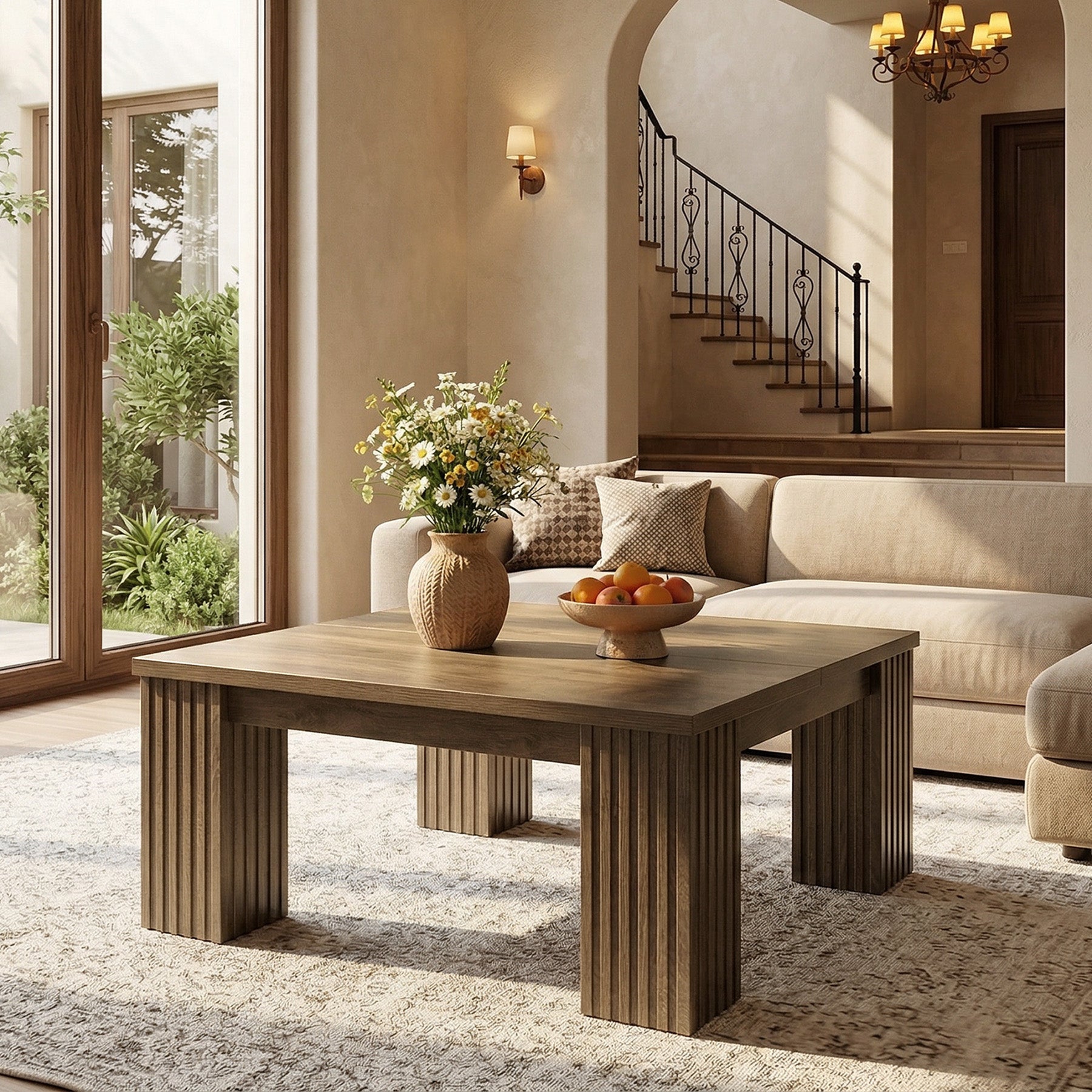 39.4" Square Coffee Table, Farmhouse Center Table with Fluted Legs for Living Room