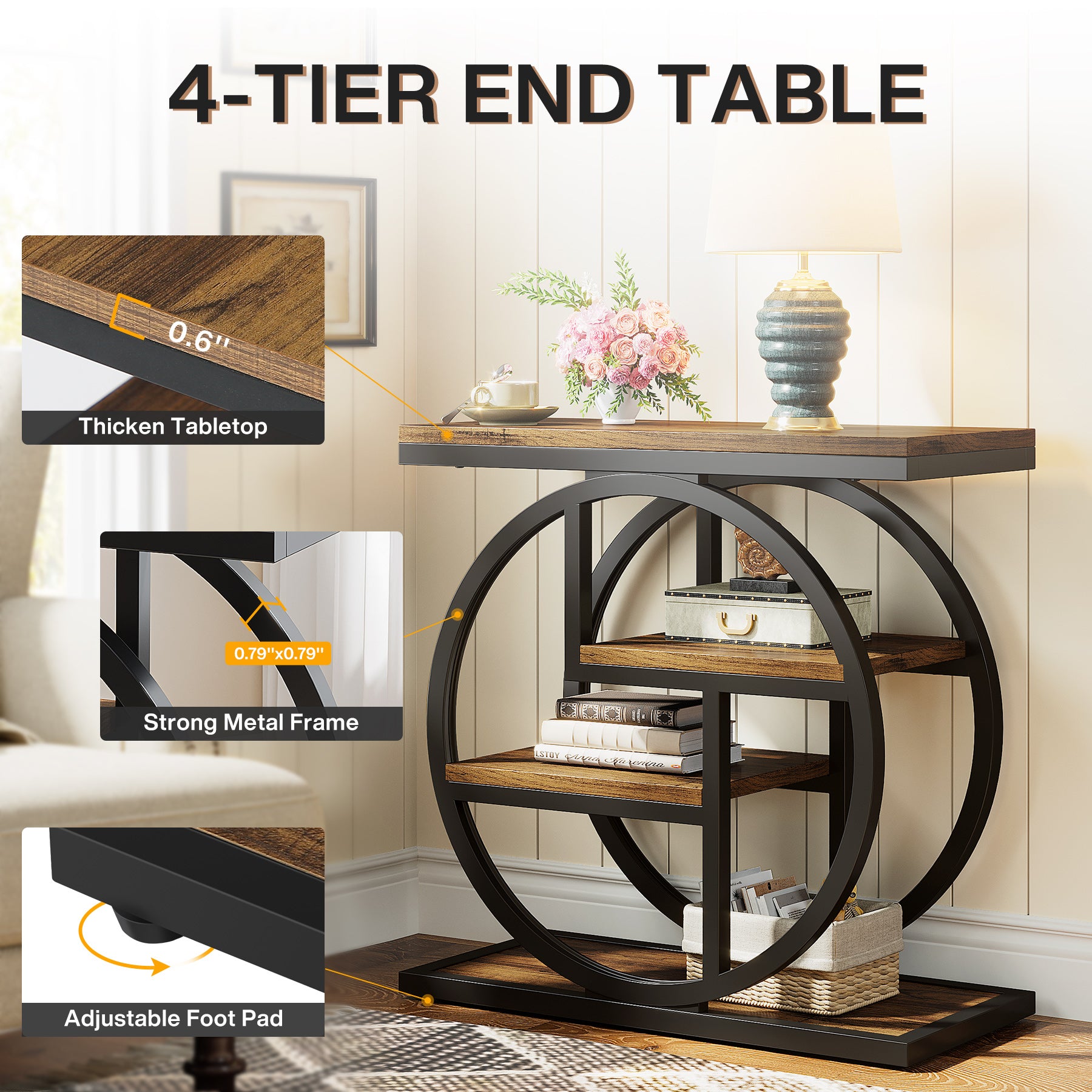 Wood End Table, 4-Tier Side Table with Storage Shelves