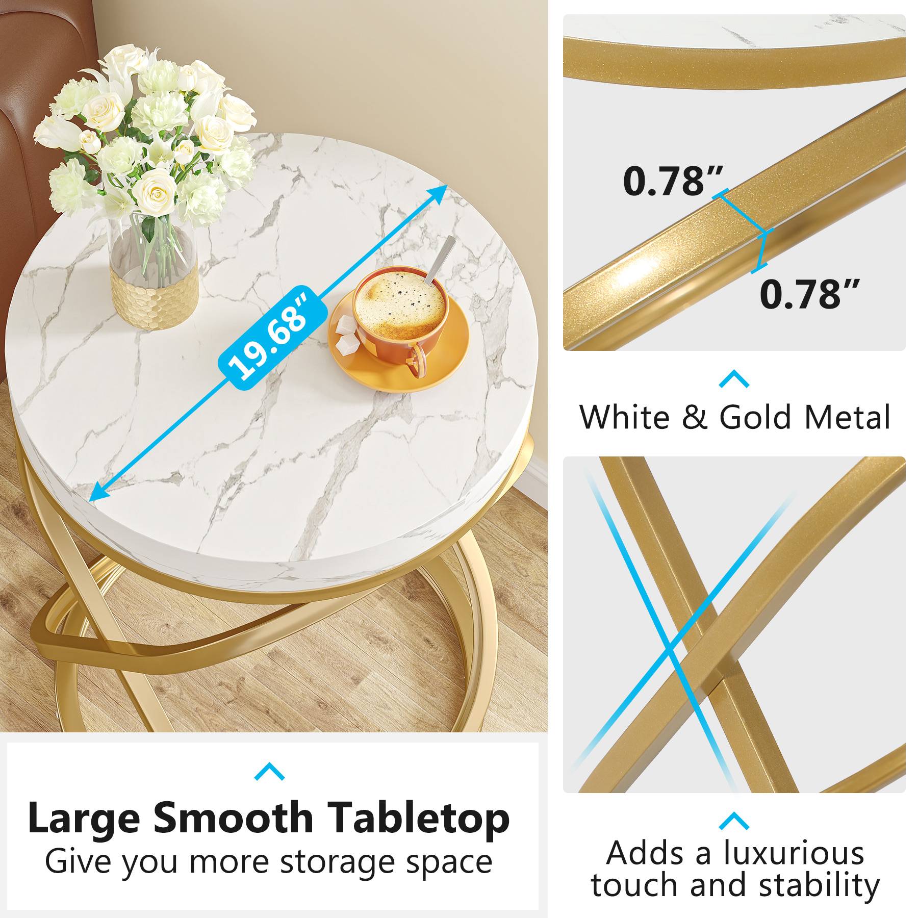 End Table, 26" Tall Round Sofa Side Table with Faux Marble Top Tribesigns