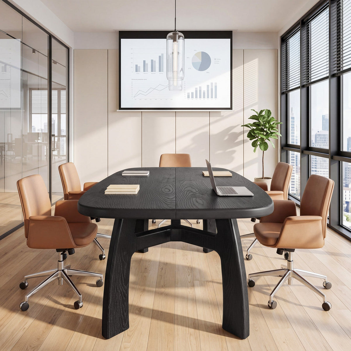 63" Solid Wood Computer Desk, Modern Office Desk with Boat-Shaped Top for Home Office