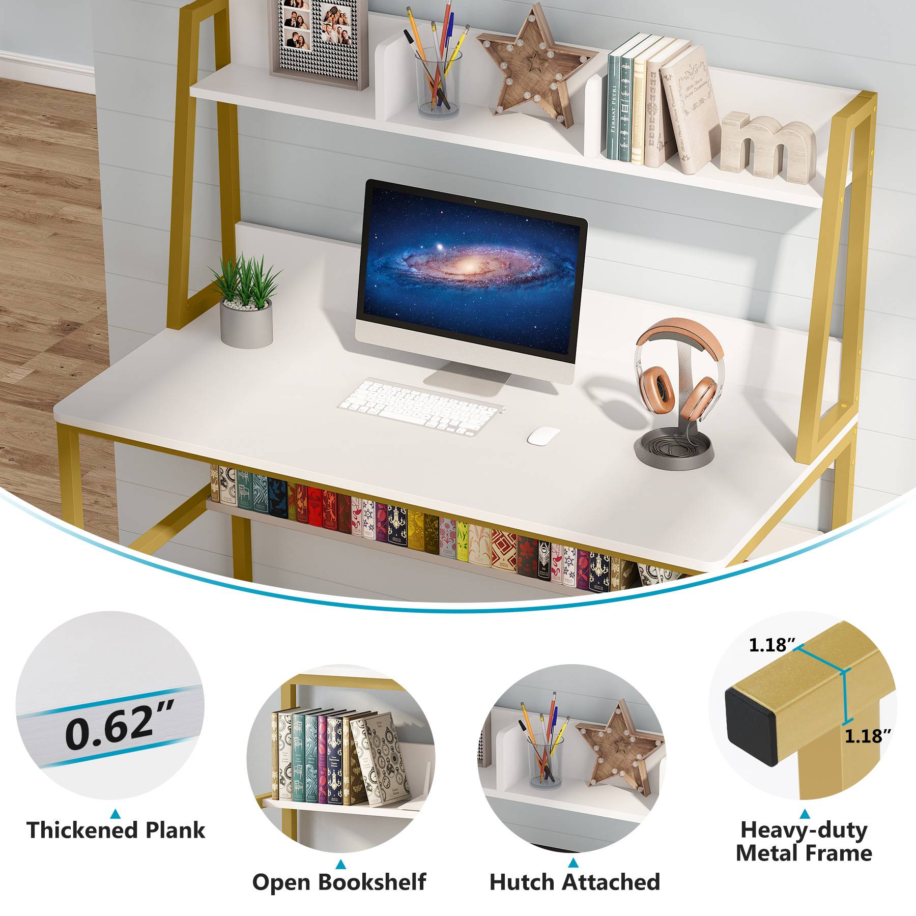 Tribesigns Computer Desk, Heavy Duty Writing Desk with Hutch & Bookshelf Tribesigns