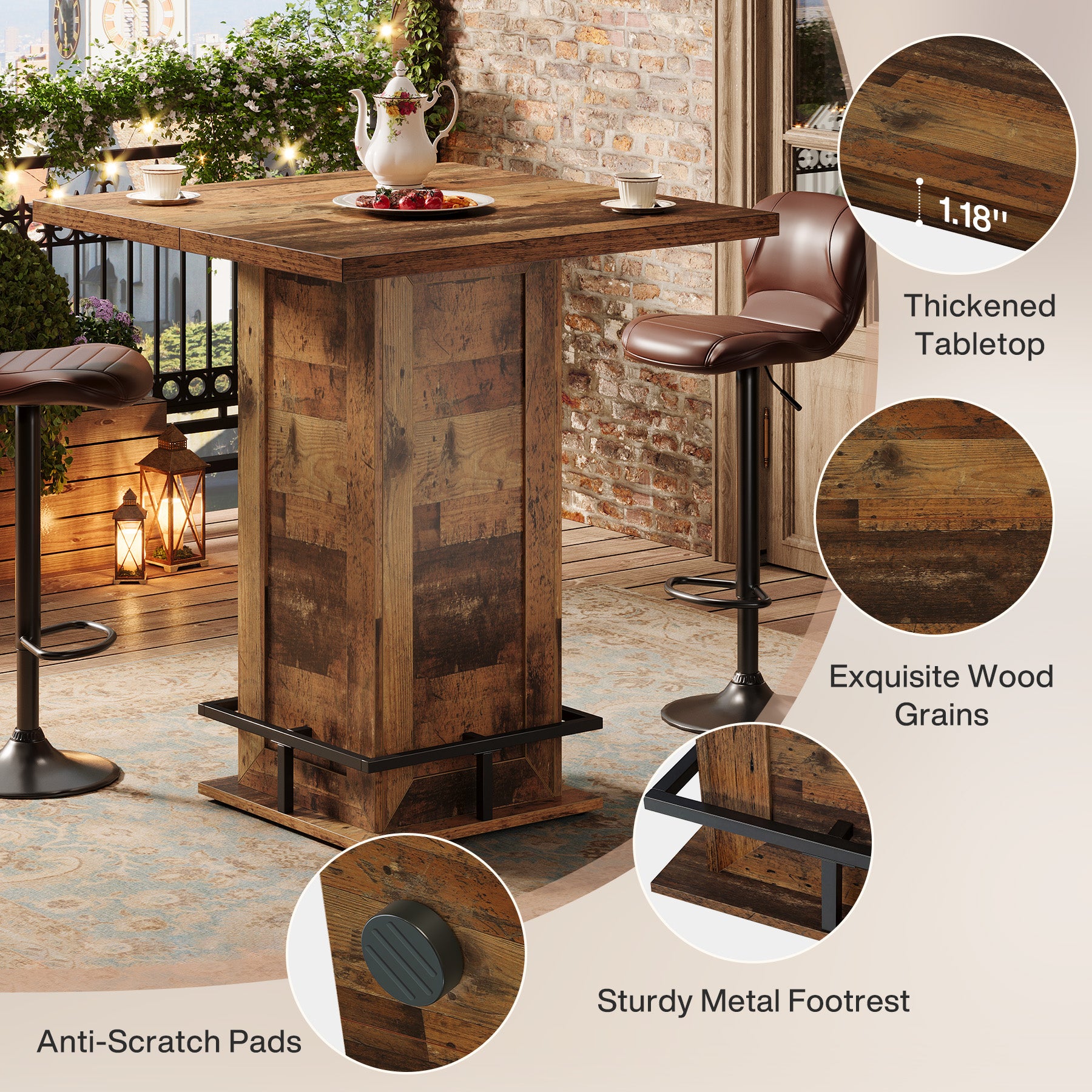 39.4" H Square Bar Table, Industrial High Top Bistro Pub Table with Metal Footrest