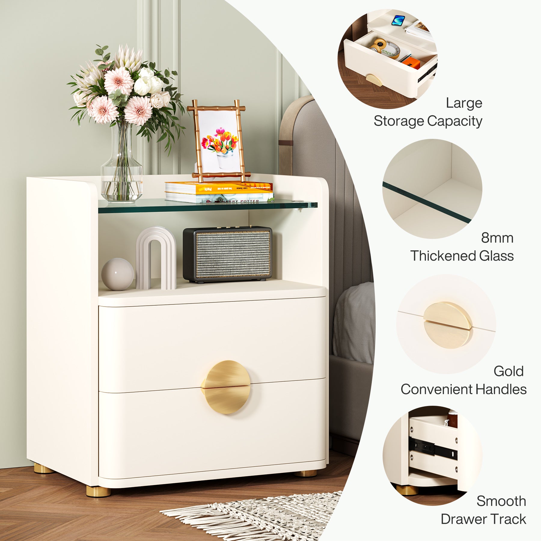 2-Drawer Nightstand, Modern Bedside Table with Open Shelf for Bedroom