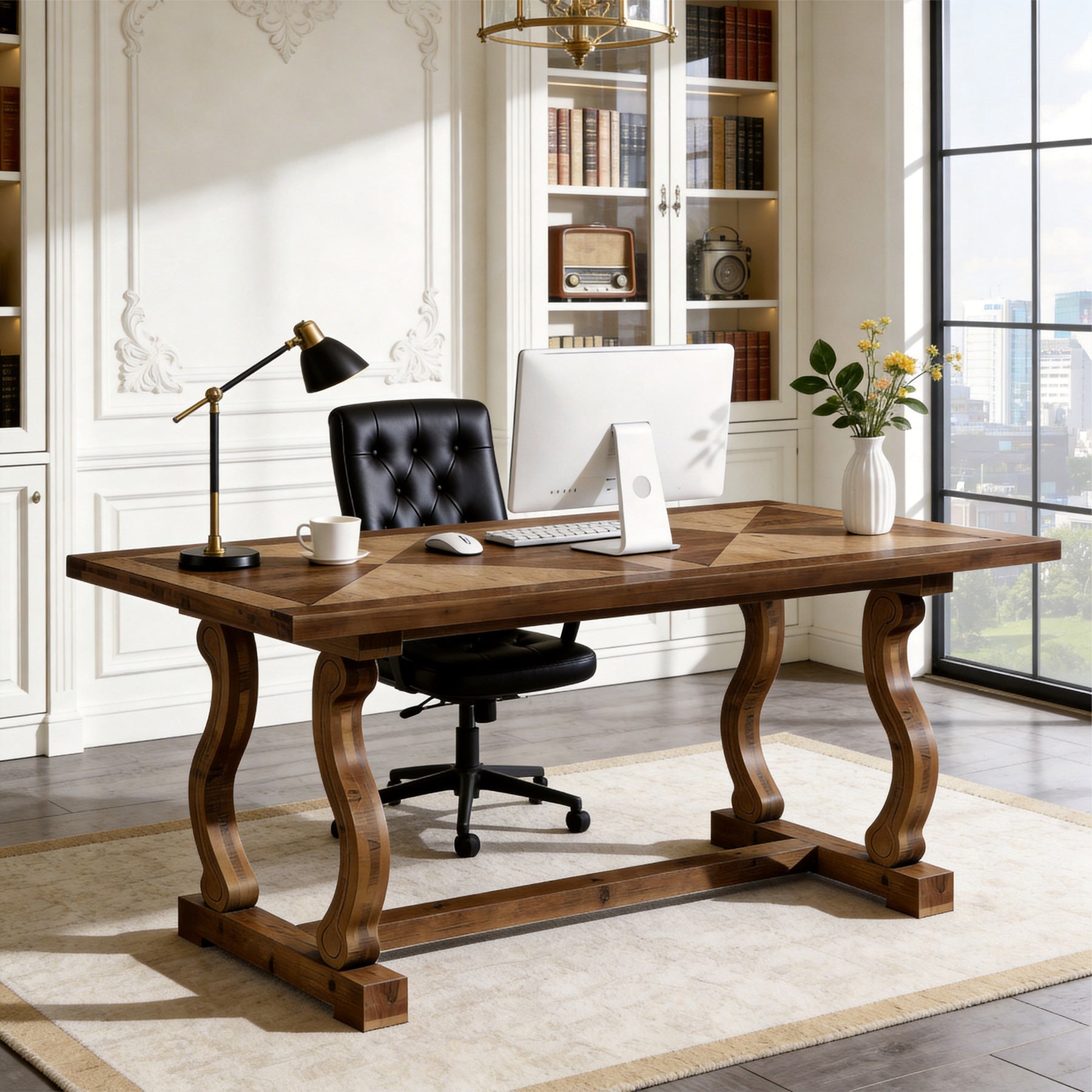 63" Solid Wood Executive Desk, Farmhouse Computer Desk with Parquetry Top & Scroll Legs for Home Office