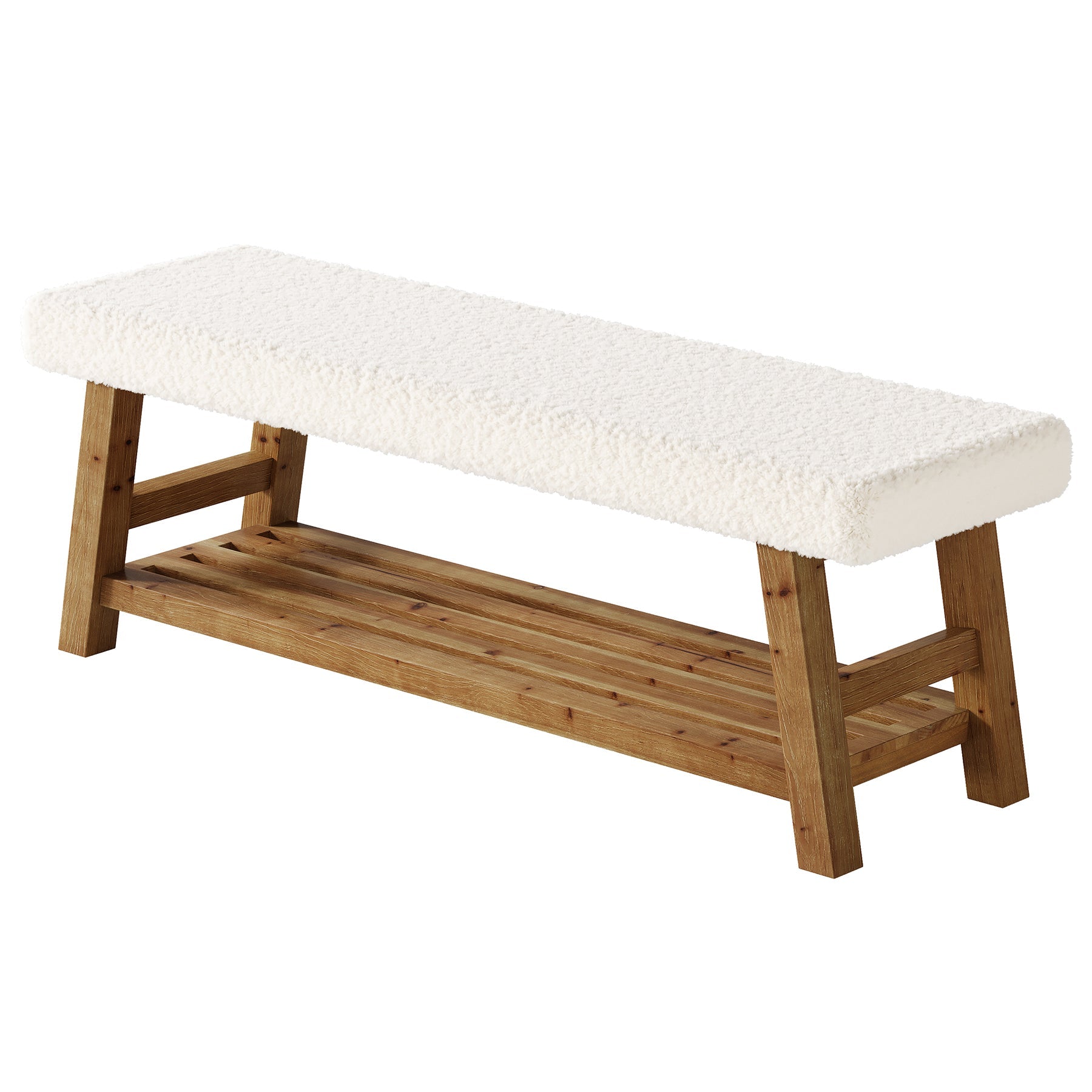 55" Upholstered Entryway Bench, 2-Tier Shoe Bench with Solid Wood Frame