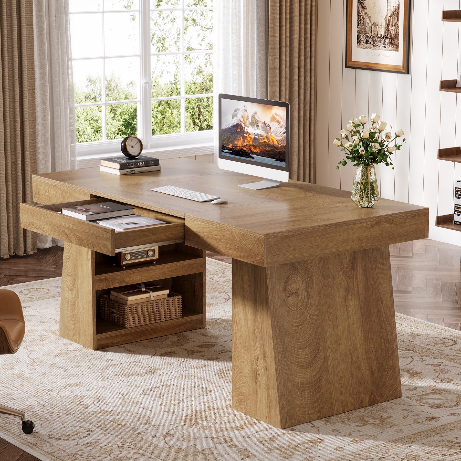 55" Executive Desk with Drawer, Farmhouse Computer Desk with Storage Shelves for Home Office
