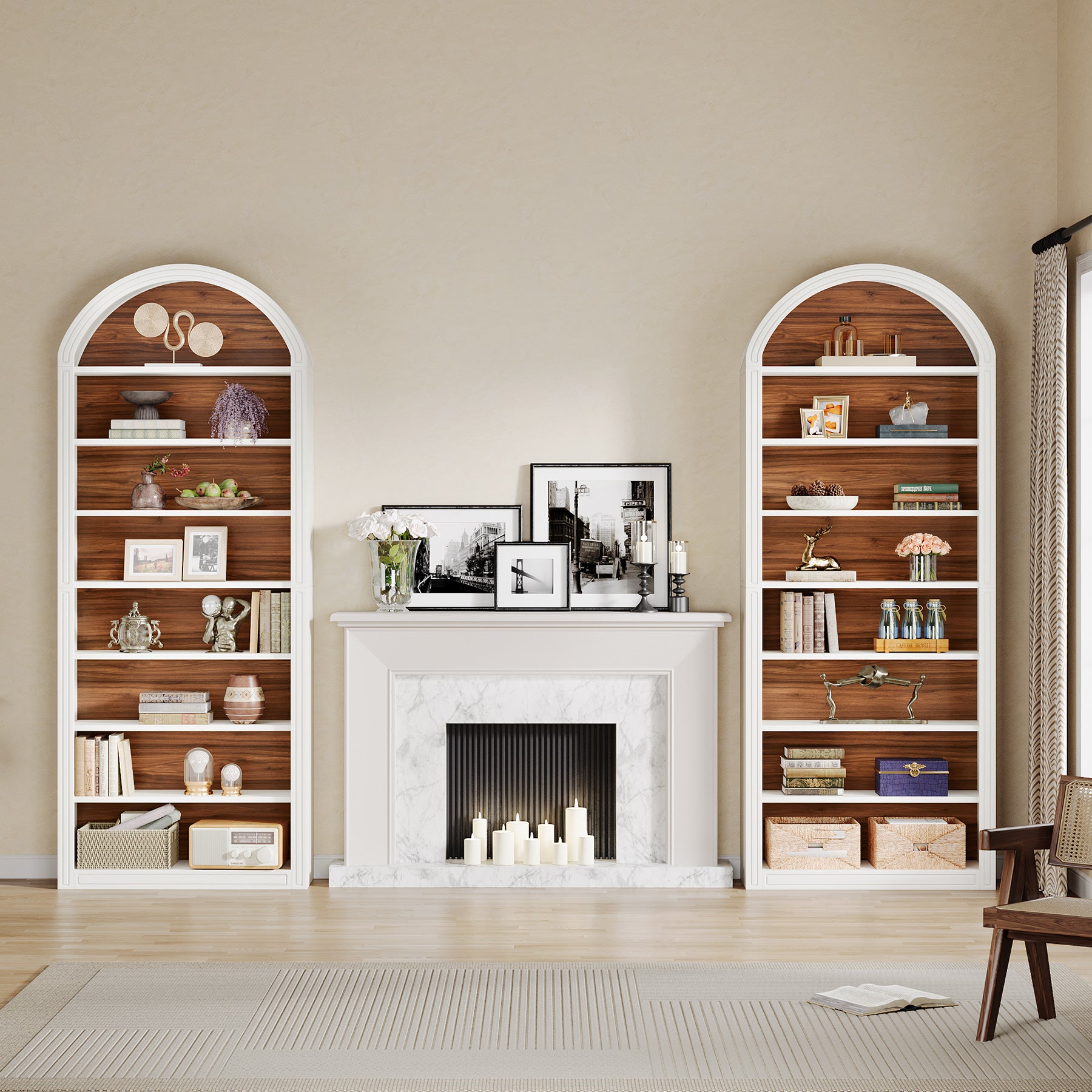 6-Tier / 8-Tier Bookshelf, Wooden Arched Bookcase Display Shelving Unit