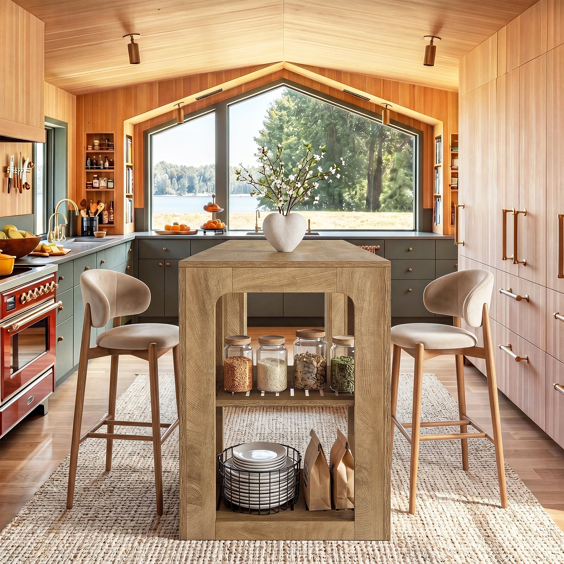 63" Long Kitchen Island, Counter Height Stationary Island Stand with Spacious Legroom
