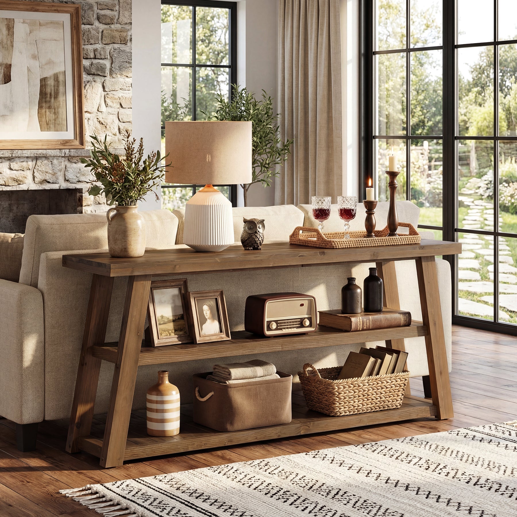 63" Solid Wood Console Table, 3-Tier Farmhouse Entryway Table with Storage Shelves