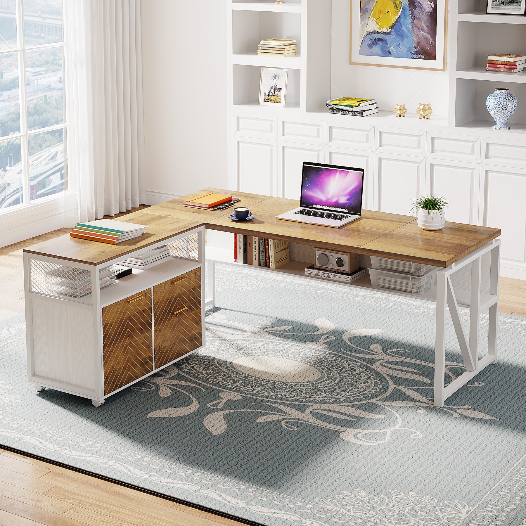 63" Computer Desk with Mobile Cabinet, L-Shaped Desk for Home Office