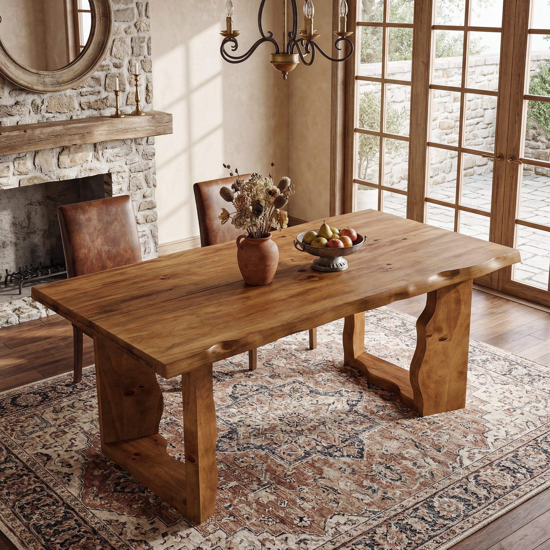 63" Solid Wood Dining Table for 6, Rectangular Kitchen Table with Sculptural Legs