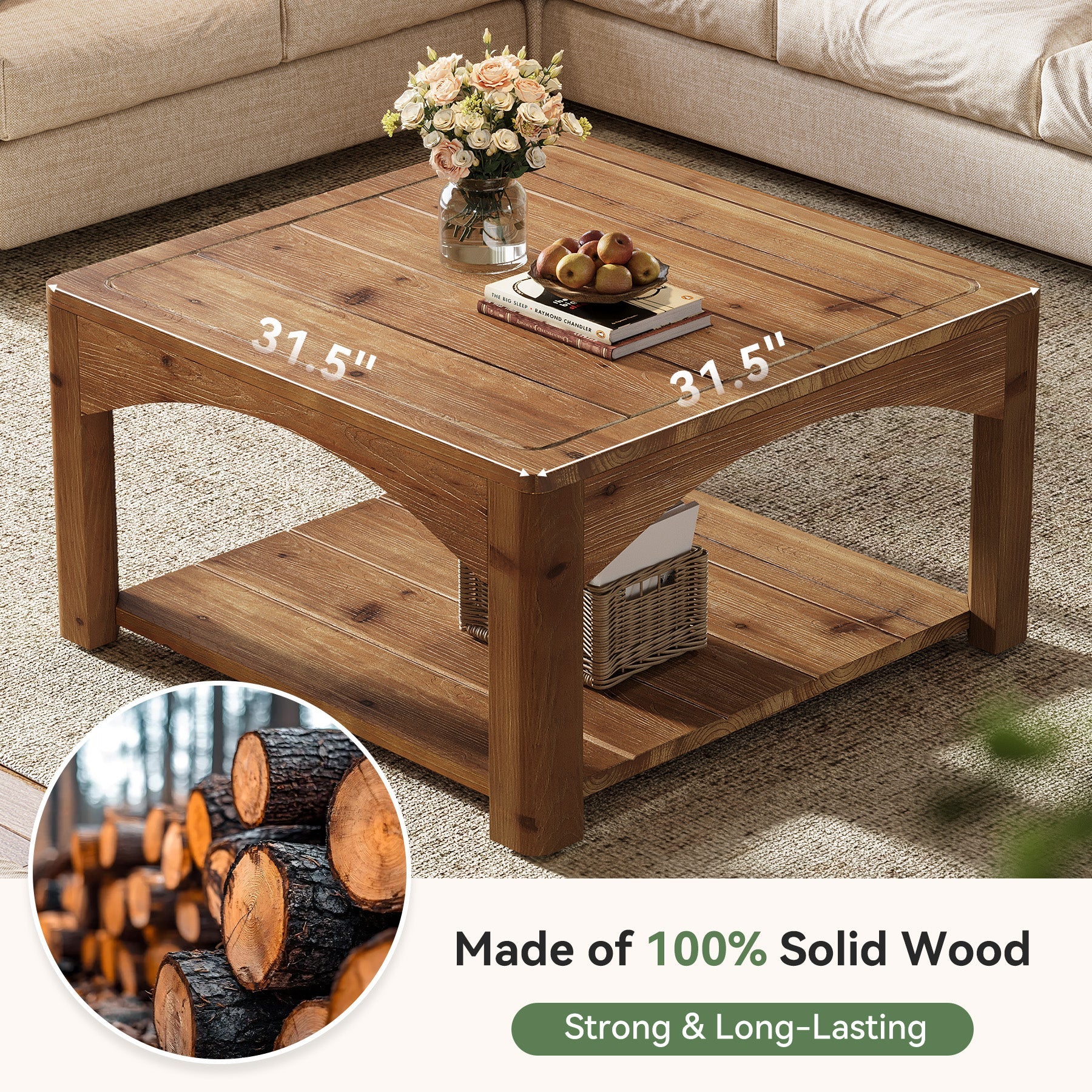 31.5" Square Coffee Table, Solid Wood 2-Tier Center Table for Living Room