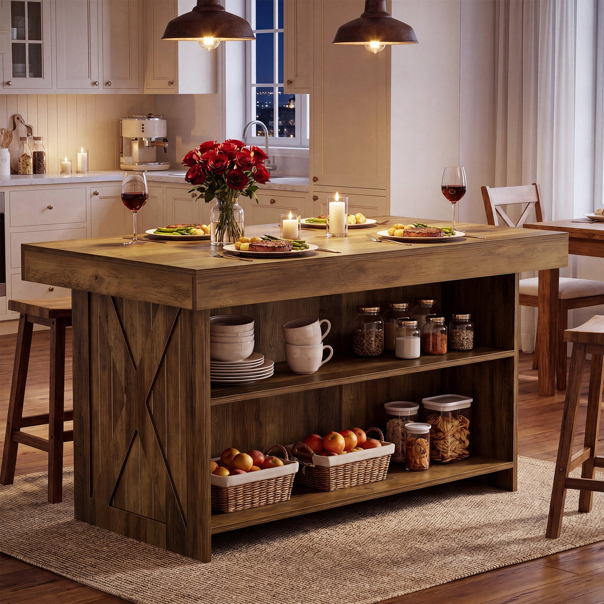 55" Kitchen Island with Storage Shelves, Farmhouse Island Table for Dining Room