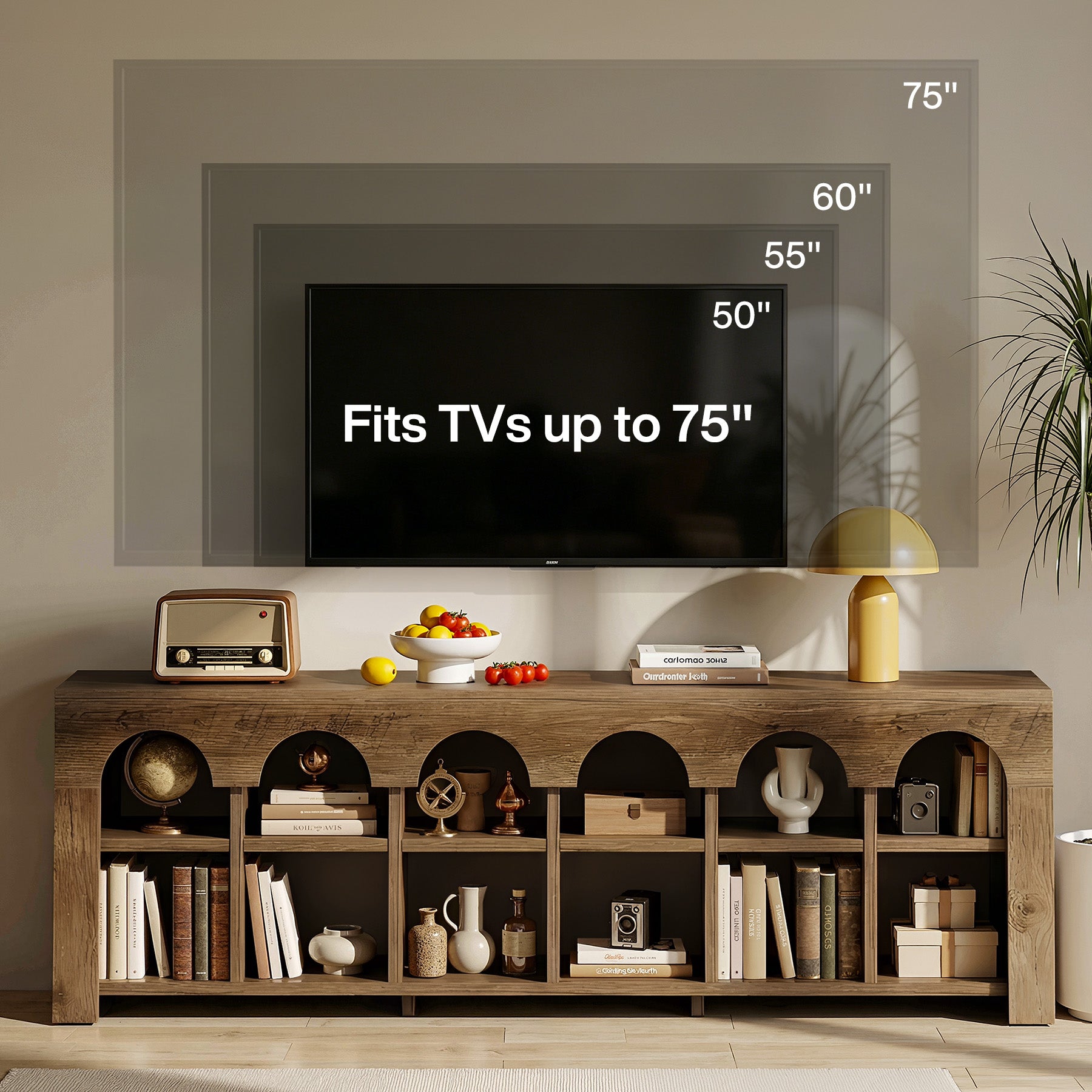 63” TV Stand for 50-75" TVs, Farmhouse Entertainment Center with 2-Tier Arched Cubbies