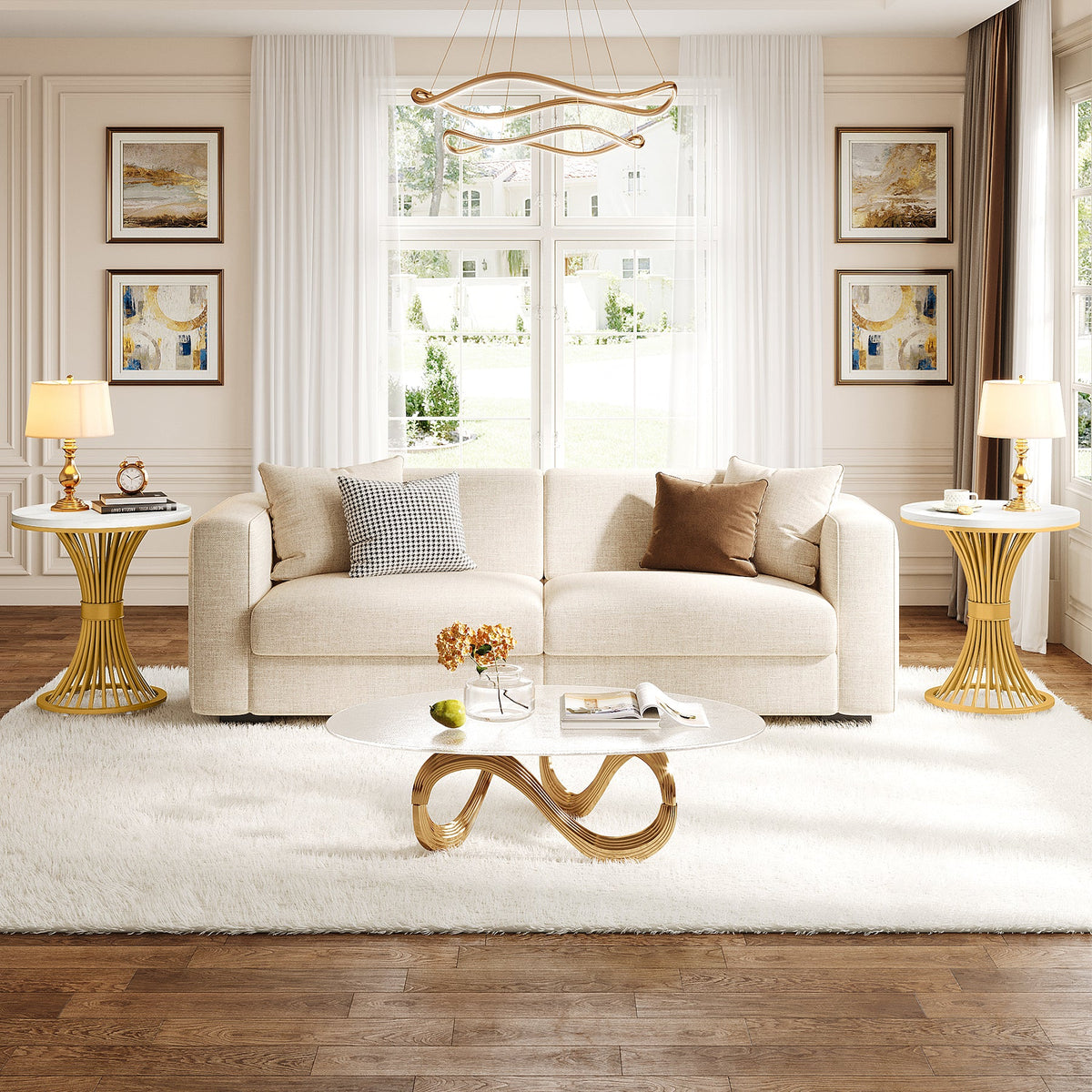 19.69" Round End Table, Faux Marble Side Table with Gold Metal Base