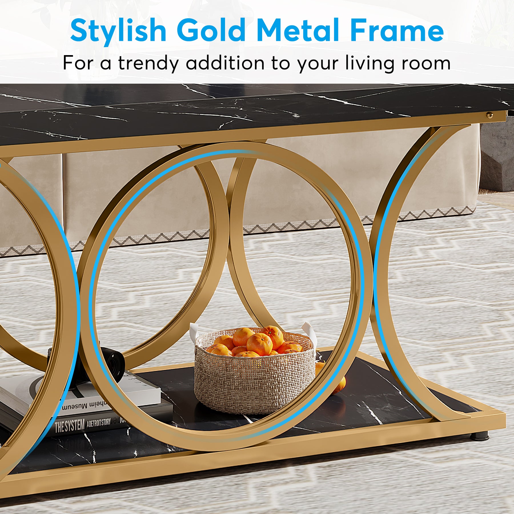 Rectangle Coffee Table, 46.45" Faux Marble Tea Table with Storage Shelf