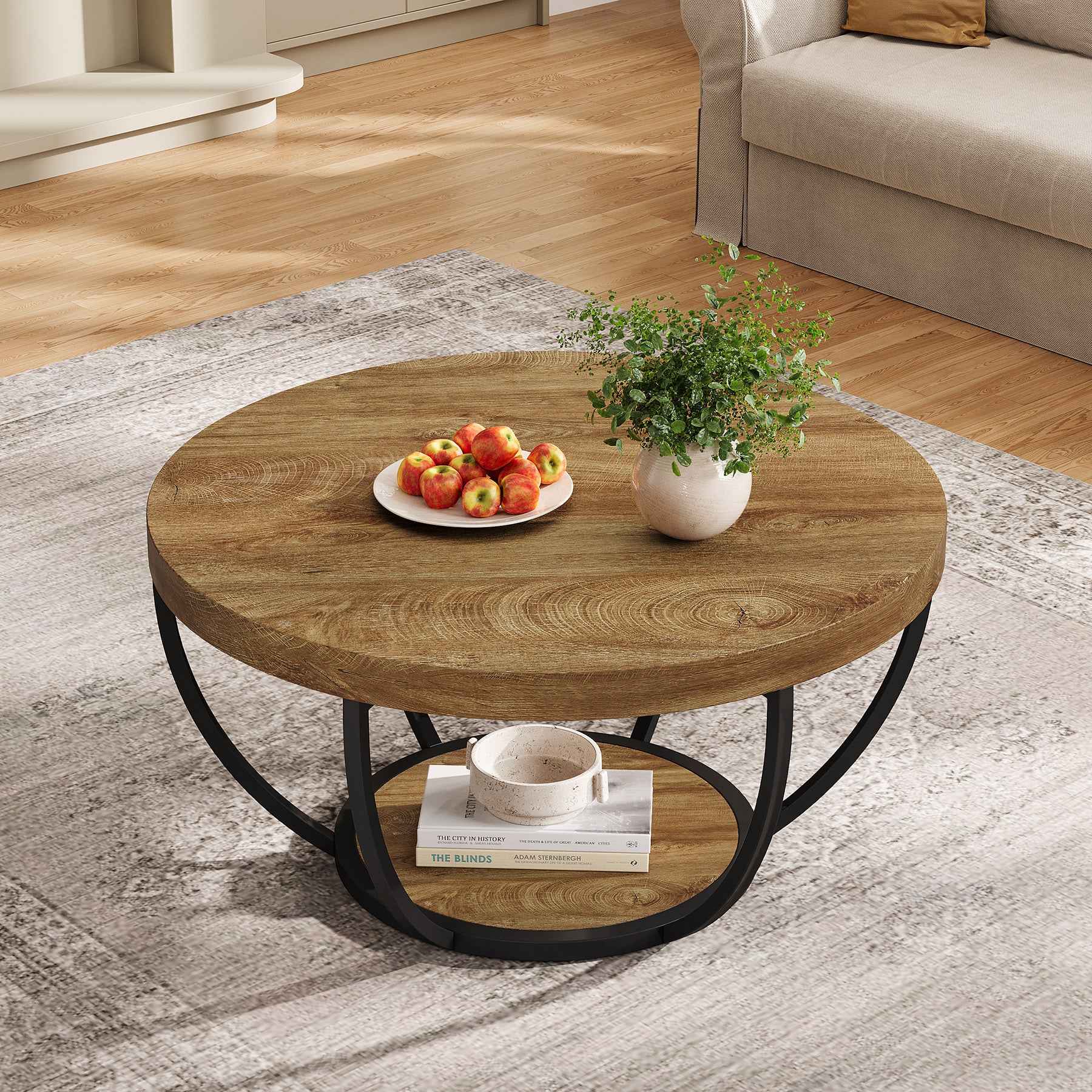 Round Coffee Table, 2-Tier Central Cocktail Table with Shelves