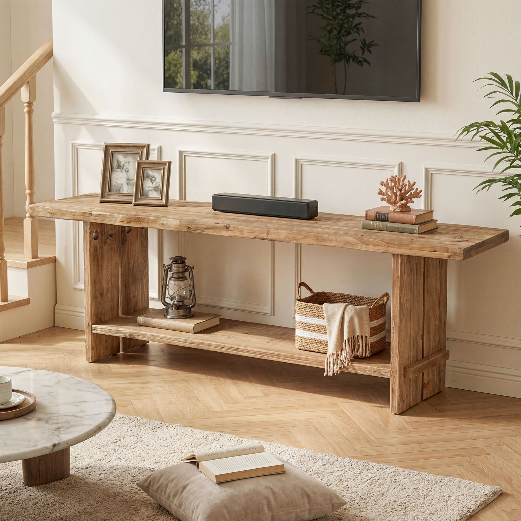 71" Solid Wood TV Stand for Up to 85" TV, Farmhouse Entertainment Center with Storage Shelf