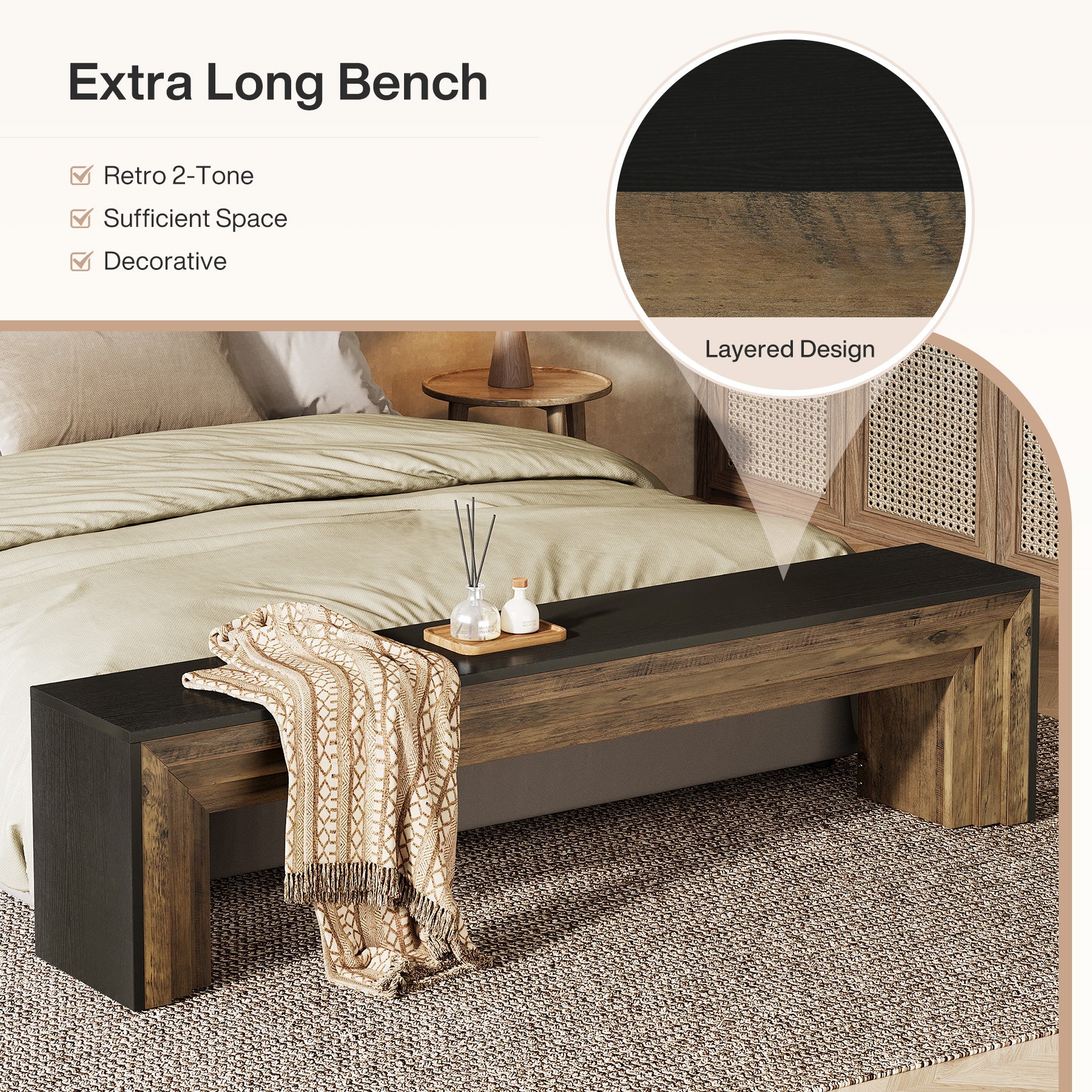 70.9" Entryway Bench, Farmhouse Shoe Bench End of Bed Bench with Layered Design
