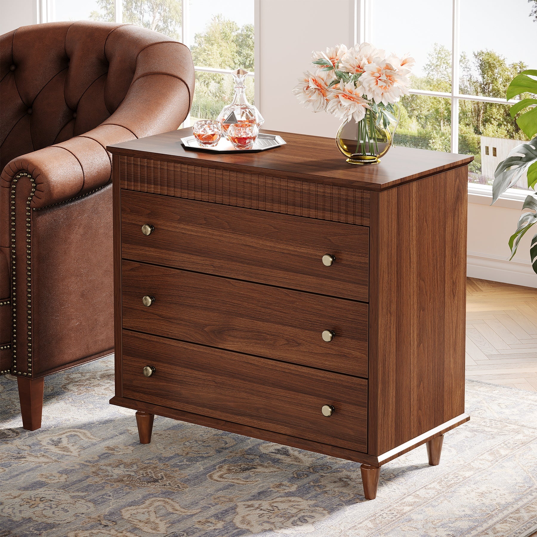 Nightstand with 3 Drawers, 31.5" Oversized Bedside Table with Mental Handles