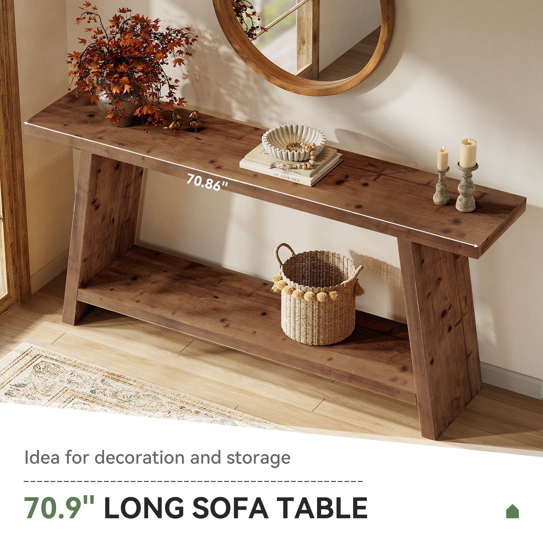 Solid Wood Console Table, 70.9" Sofa Table Behind Couch with 2-Tier Storage