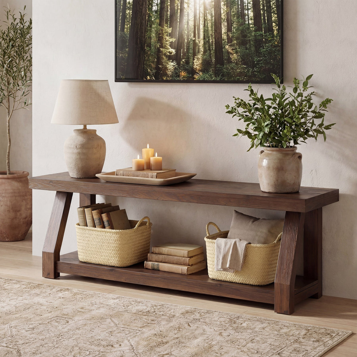 63" Solid Wood TV Stand for 65-75" TVs, Farmhouse Media Console with Open Shelf