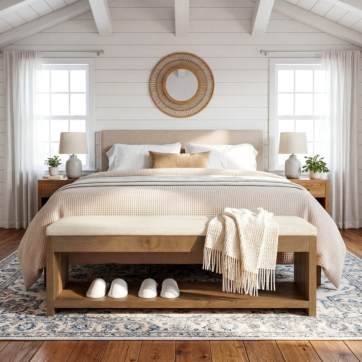 Upholstered End of Bed Bench, 55" Wooden Storage Bench with Shoe Rack