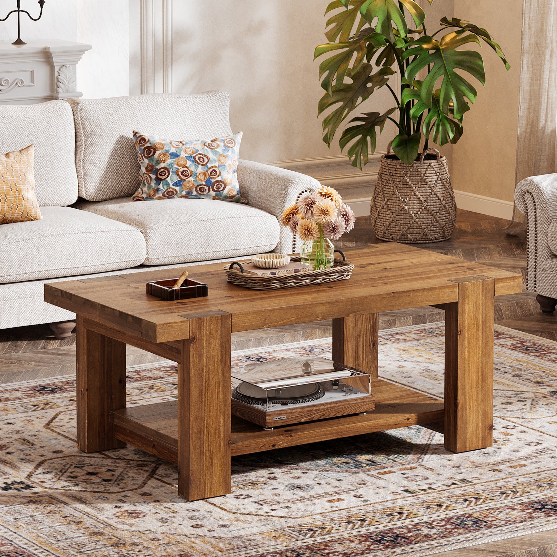 47.2" Solid Wood Coffee Table, Rectangle Center Table with 2-Tier Storage Shelf