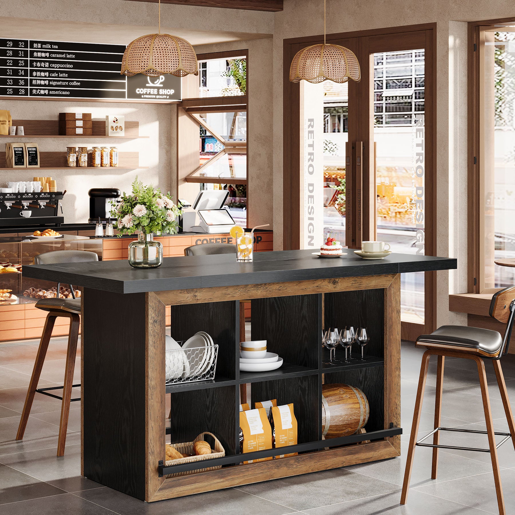 Rectangular Bar Table, 62.6" Home Bar Cabinet Unit with 6 Spacious Cubbies