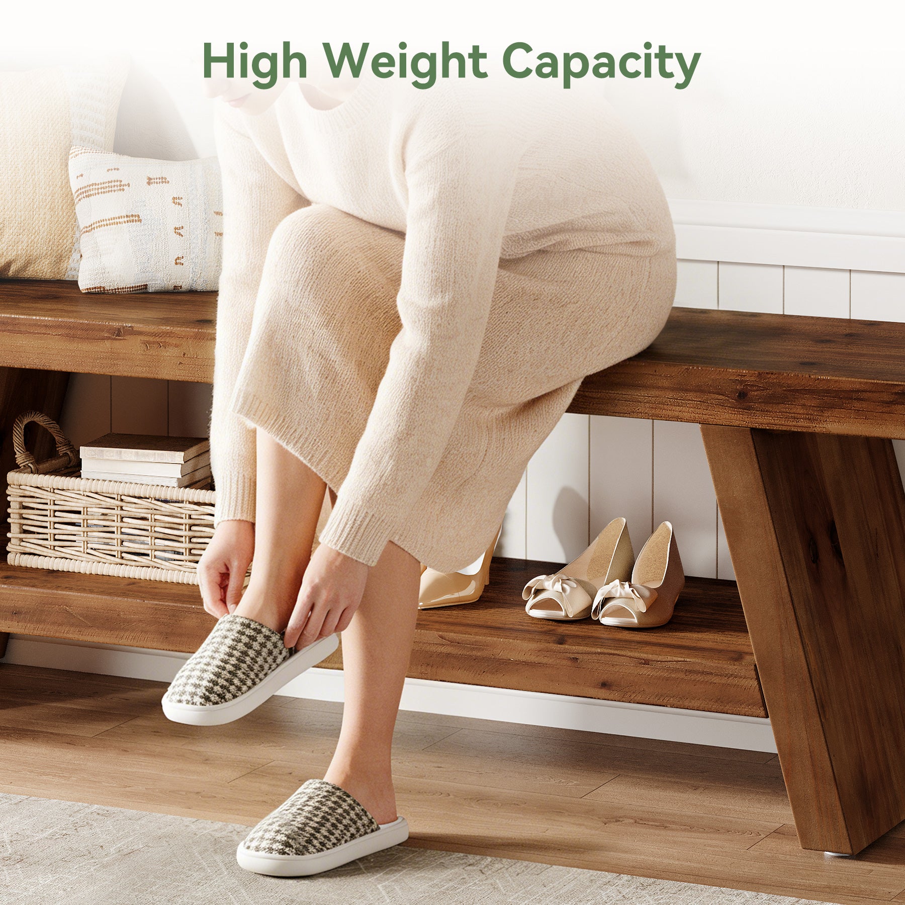 Solid Wood Shoe Bench, 2-Tier Entryway Bench with Open Shelves