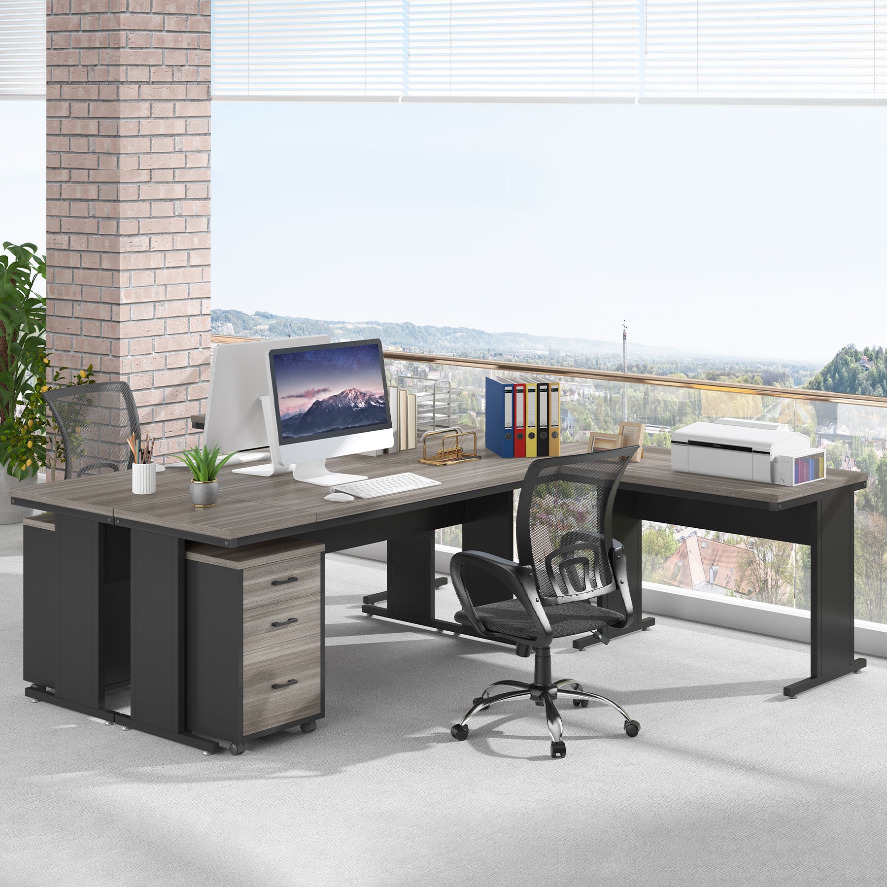 83" L-Shaped Desk, Industrial Corner Executive Desk with Mobile File Cabinet