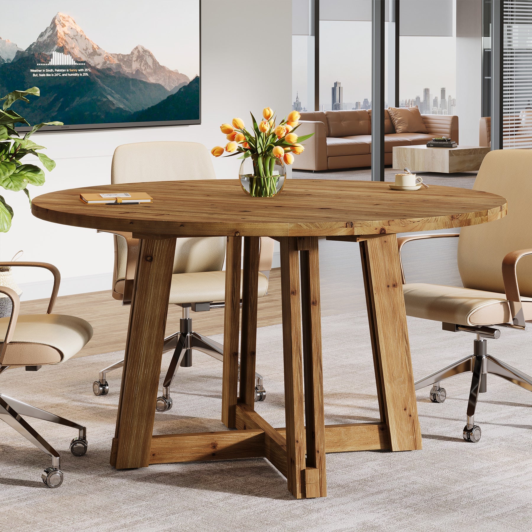 47"  Solid Wood Conference Table, Round Meeting Table with Thickened Tabletop