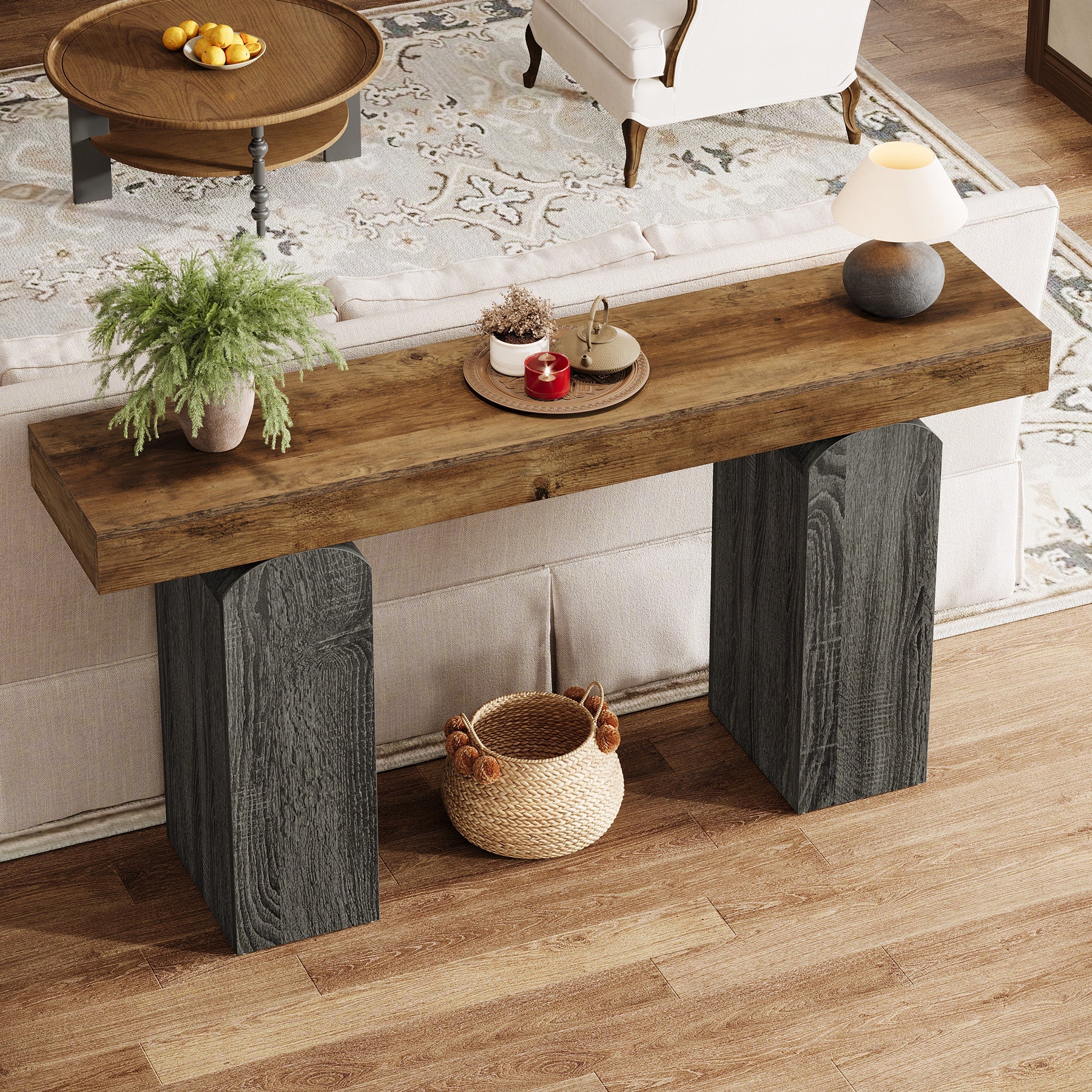 63" Console Table, Farmhouse Entryway Table with 2 Arched Pedestal Legs