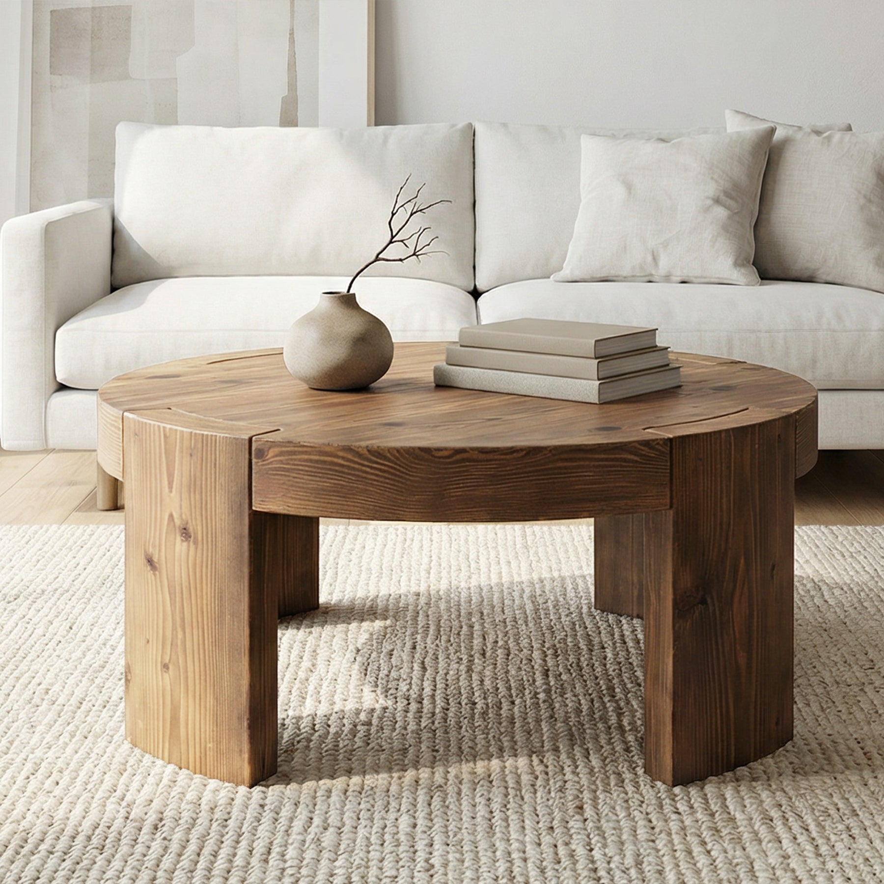 31.5" Round Coffee Table, Solid Wood Center Cocktail Tea Table for Living Room