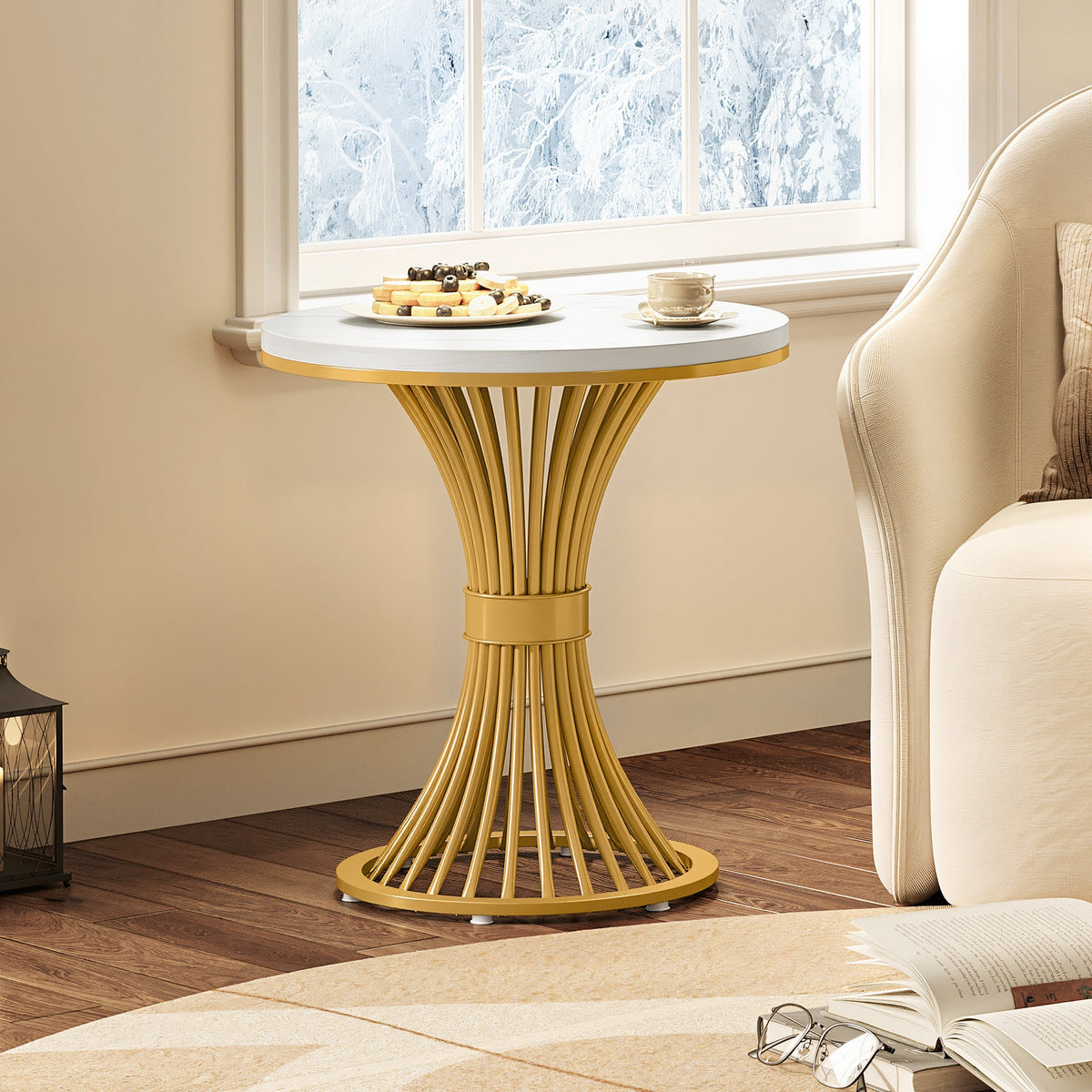 19.69" Round End Table, Faux Marble Side Table with Gold Metal Base
