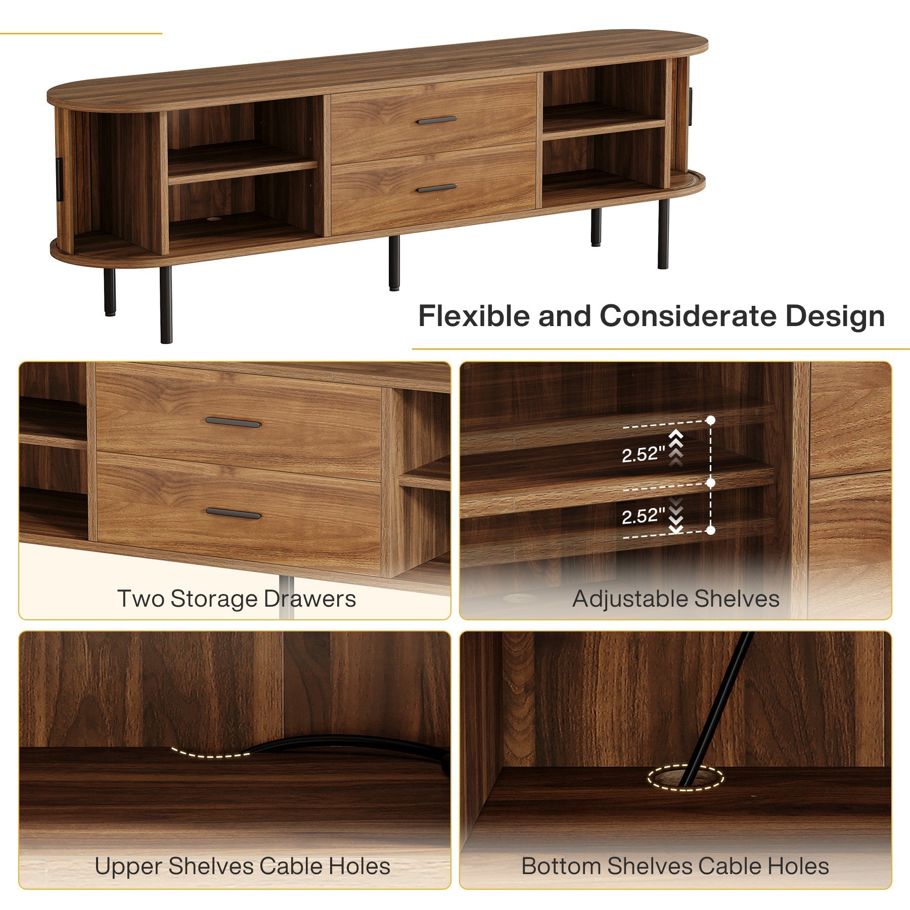 70" TV Stand, Modern Media Console with Storage and Sliding Tambour Door Tribesigns