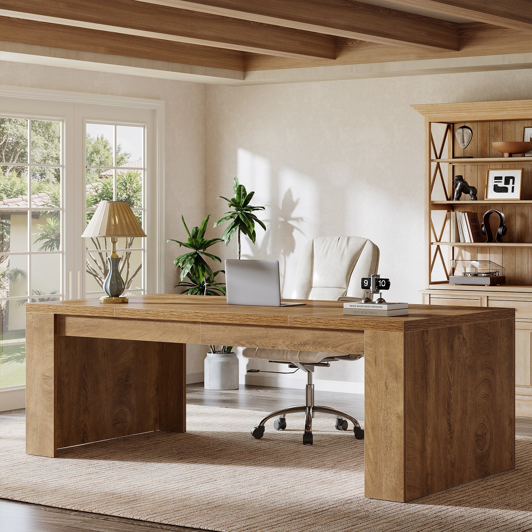 70.87" Executive Desk, Farmhouse Computer Desk with Double Pedestal Legs