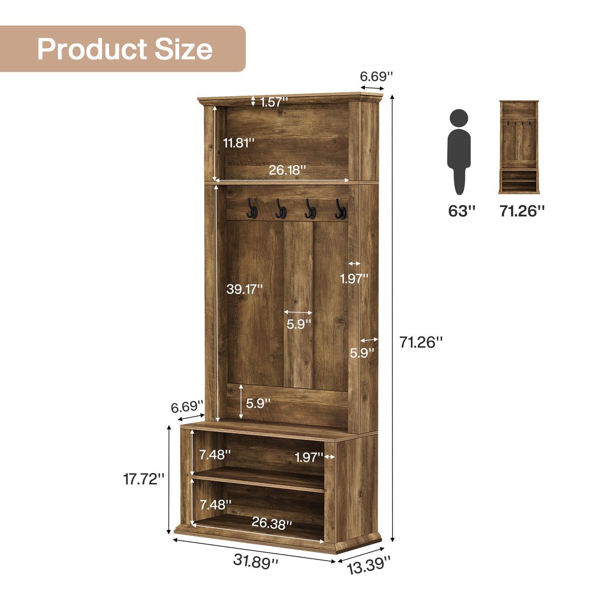 70.89" Tall Hall Tree with Bench and Shoe Storage for Entryway