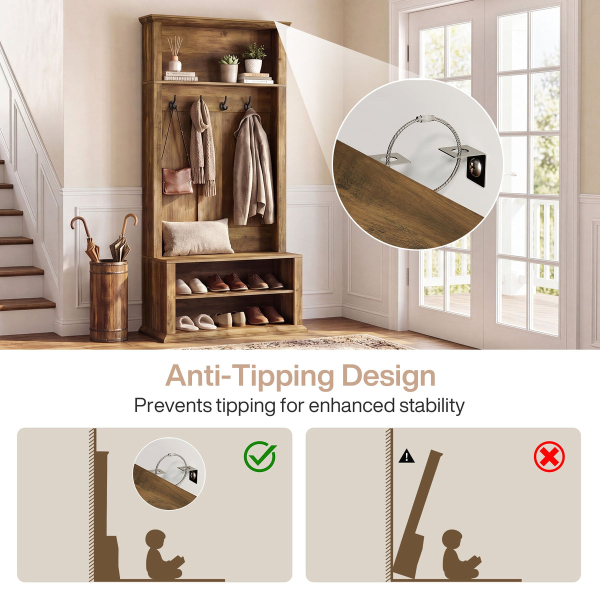 70.89" Tall Hall Tree with Bench and Shoe Storage for Entryway