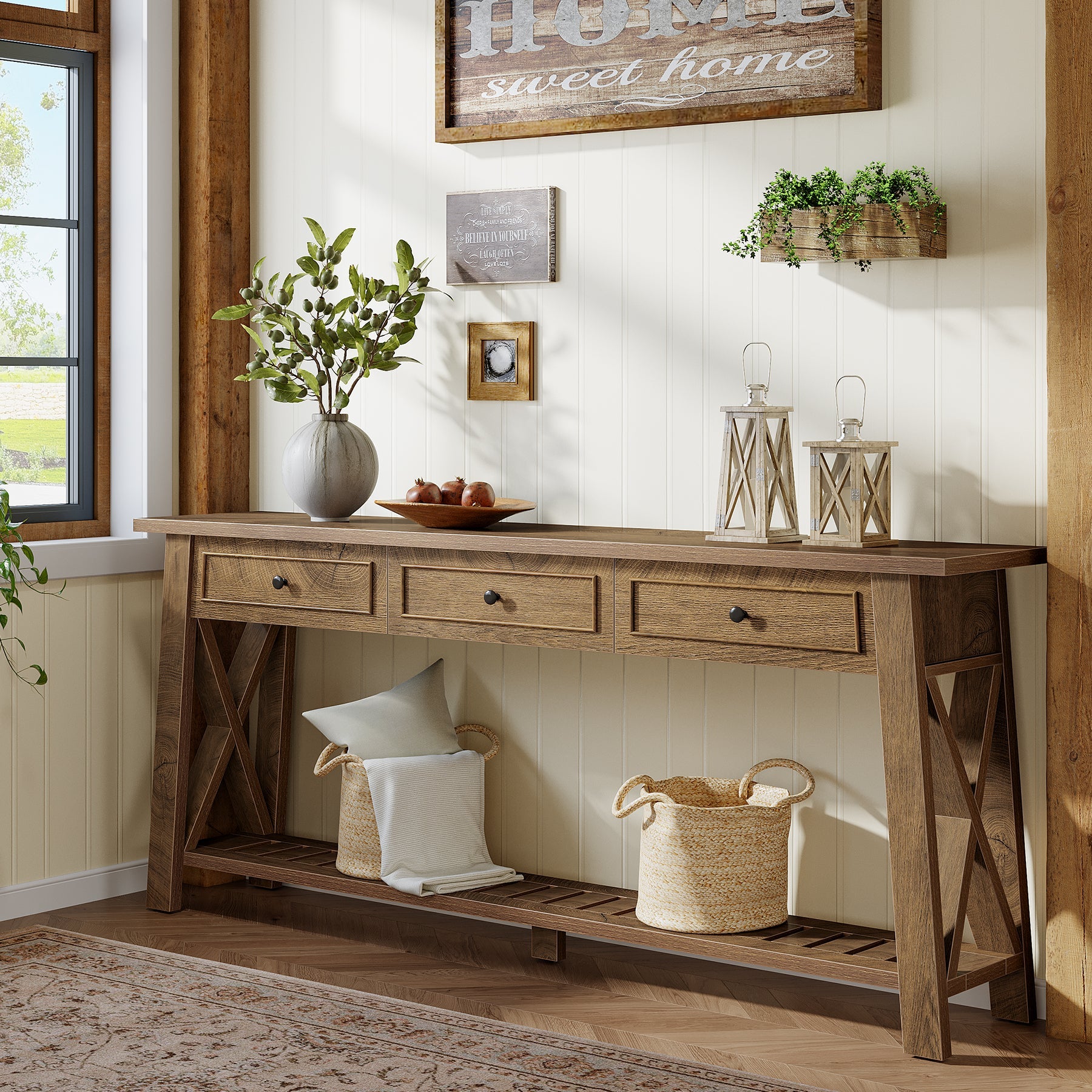 70.8" Console Table, Long Sofa Table Behind Couch with 3 Storage Drawers
