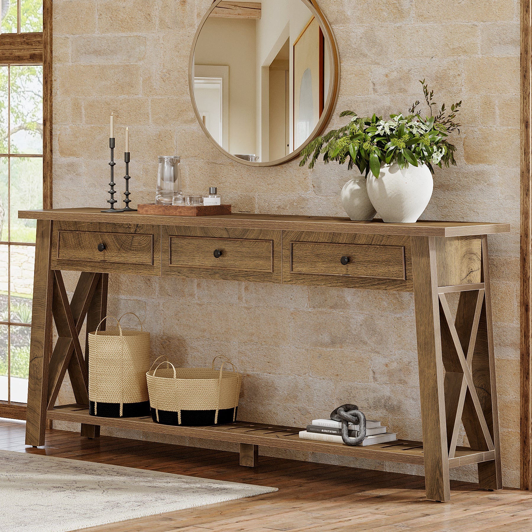 70.8" Console Table, Long Sofa Table Behind Couch with 3 Storage Drawers