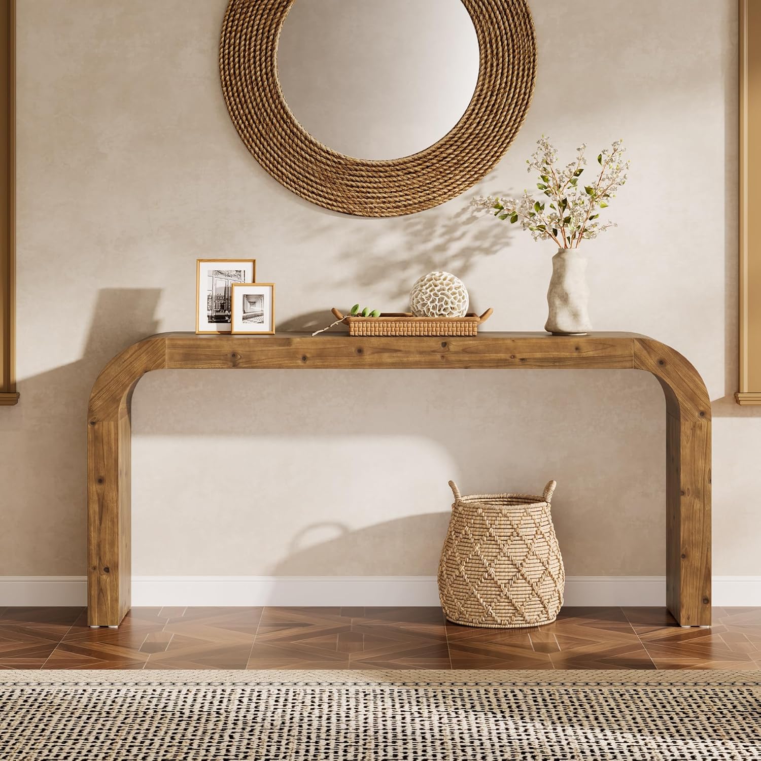70.8" Console Table, Solid Wood Sofa Table with Curved Corners
