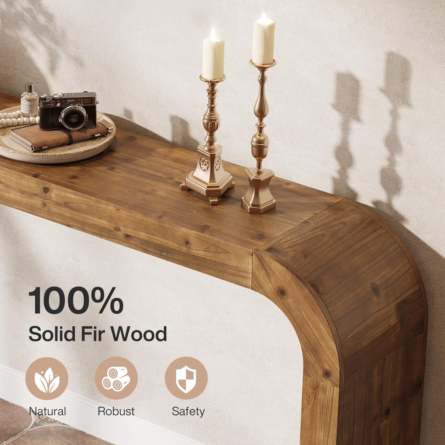 70.8" Console Table, Solid Wood Sofa Table with Curved Corners