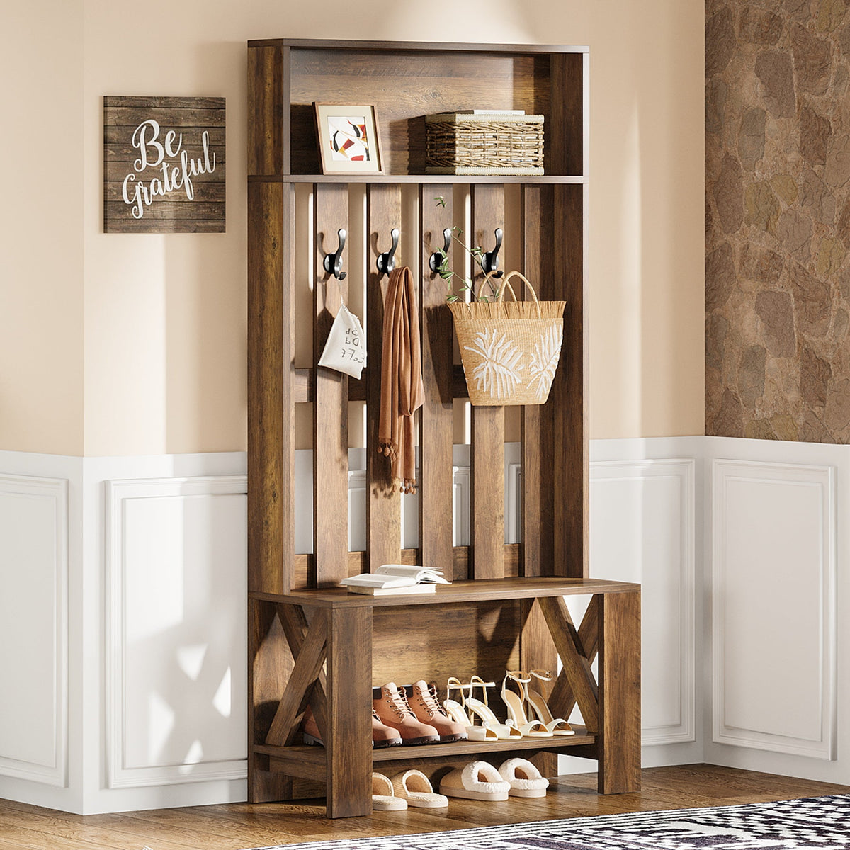 70.8" Freestanding Hall Tree, Coat Rack with Shoe Bench and Hooks