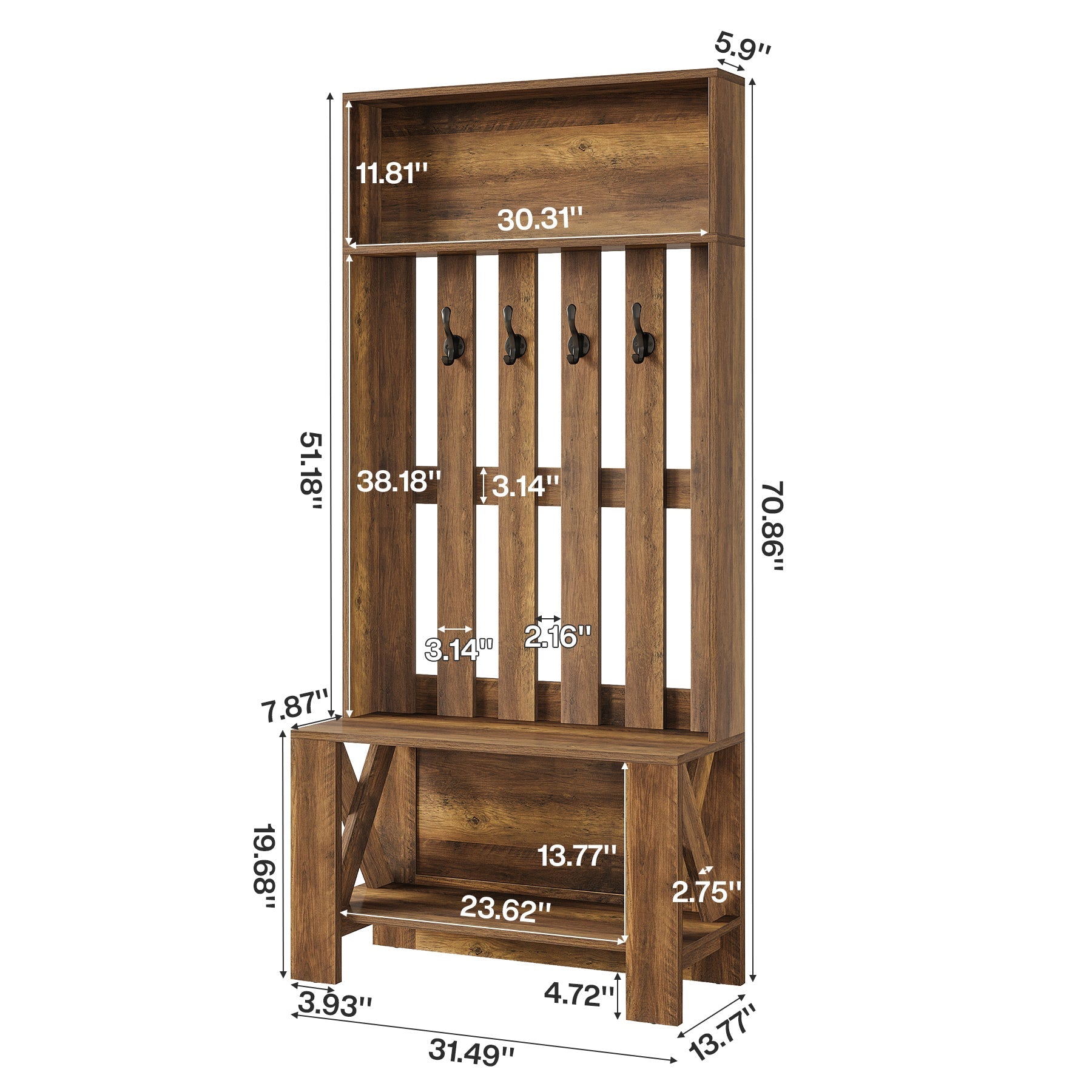 70.8" Freestanding Hall Tree, Coat Rack with Shoe Bench and Hooks